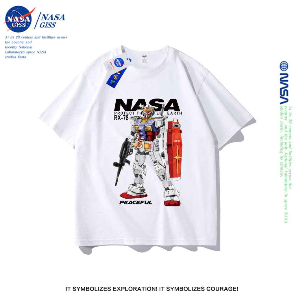 NASA เสื้อยืดชายหญิงแขนสั้น สตรีทฮิปฮอป summer nasaGundam พิมพ์ลาย คอตตอน คอกลม หลวมและระบายอากาศ