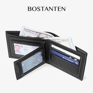 BOSTANTEN กระเป๋าสตางค์ใบสั้นหนัง PU แบบหยาบสำหรับผู้ชาย