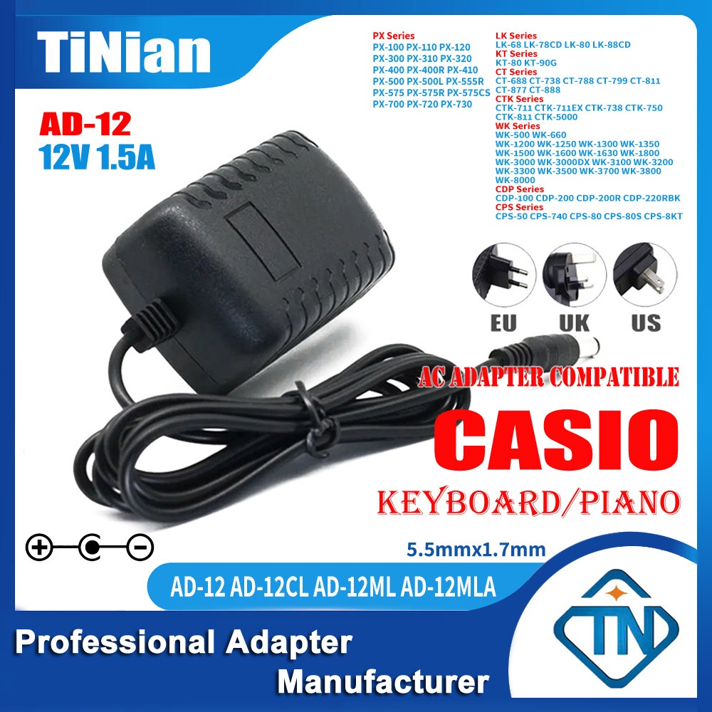 อะแดปเตอร์คีย์บอร์ดเปียโน 12V 1.5A AD-12 AD-12ML AC DC สําหรับ Casio WK-500 WK-660 WK-1200 WK-1250 W