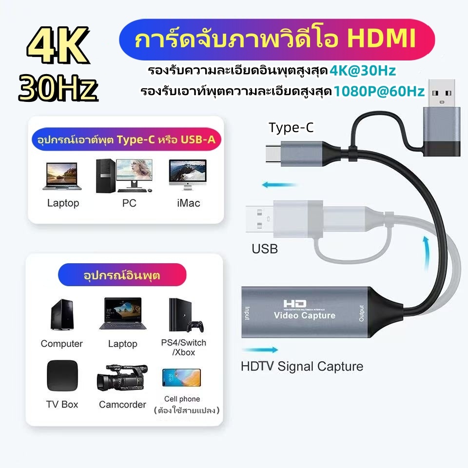 4K 30Hz HDMI to USB 3.0/Type C การ์ดจับภาพวิดีโอ 2-in-1HD 4K เกมถ่ายทอดสดการ์ดจับภาพ 1080P ประเภท Grabber บันทึกสําหรับสวิตช์ Xbox PS4/5 ถ่ายทอดสด