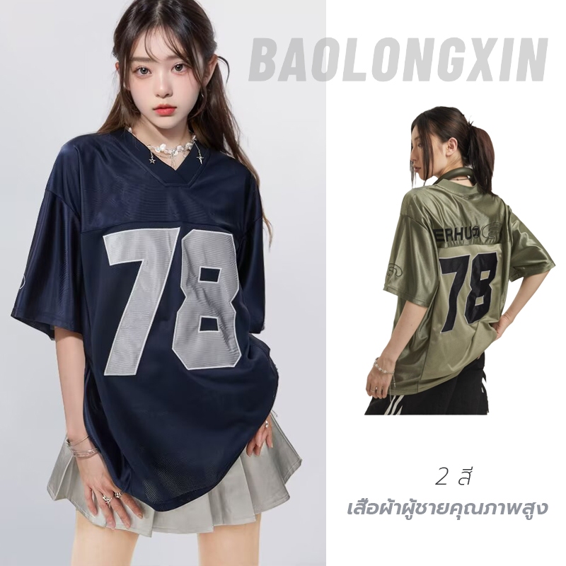Baolongxin American Retro V คอดิจิตอลกีฬาลําลองเสื้อยืดแขนสั้นชายและหญิงอินเทรนด์แบรนด์หลวม Drooping