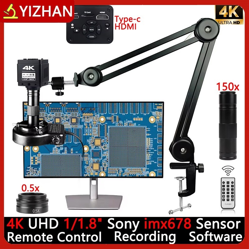 YIZHAN 4K กล้องจุลทรรศน์ดิจิตอลอิเล็กทรอนิกส์สําหรับบัดกรี HDMI USB Sony Senor กล้องอุตสาหกรรมพร้อมซอฟต์แวร์ 150x เลนส์วงเล็บพับ