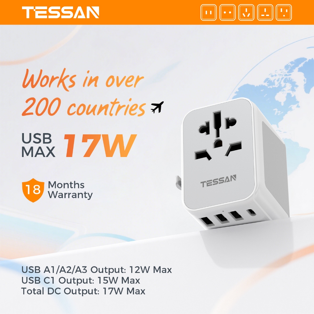 TESSAN Universal Travel Adapter หัวแปลงปลั๊กพร้อม USB + Type C, อะแดปเตอร์สากลสำหรับ JP KR TW SG