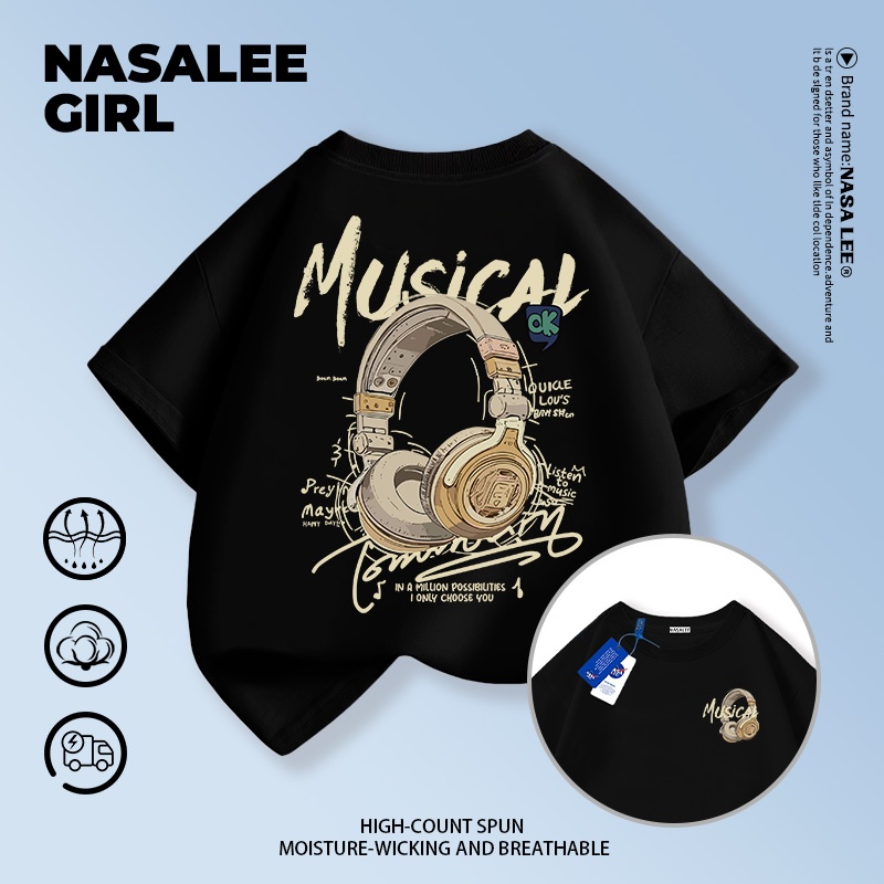 【สินค้ามีในสต็อก】เสื้อยืดเด็ก NASA สีดำ ผ้าฝ้าย 100% ลายหูฟังสไตล์สตรีท (Retro Headphone Print)