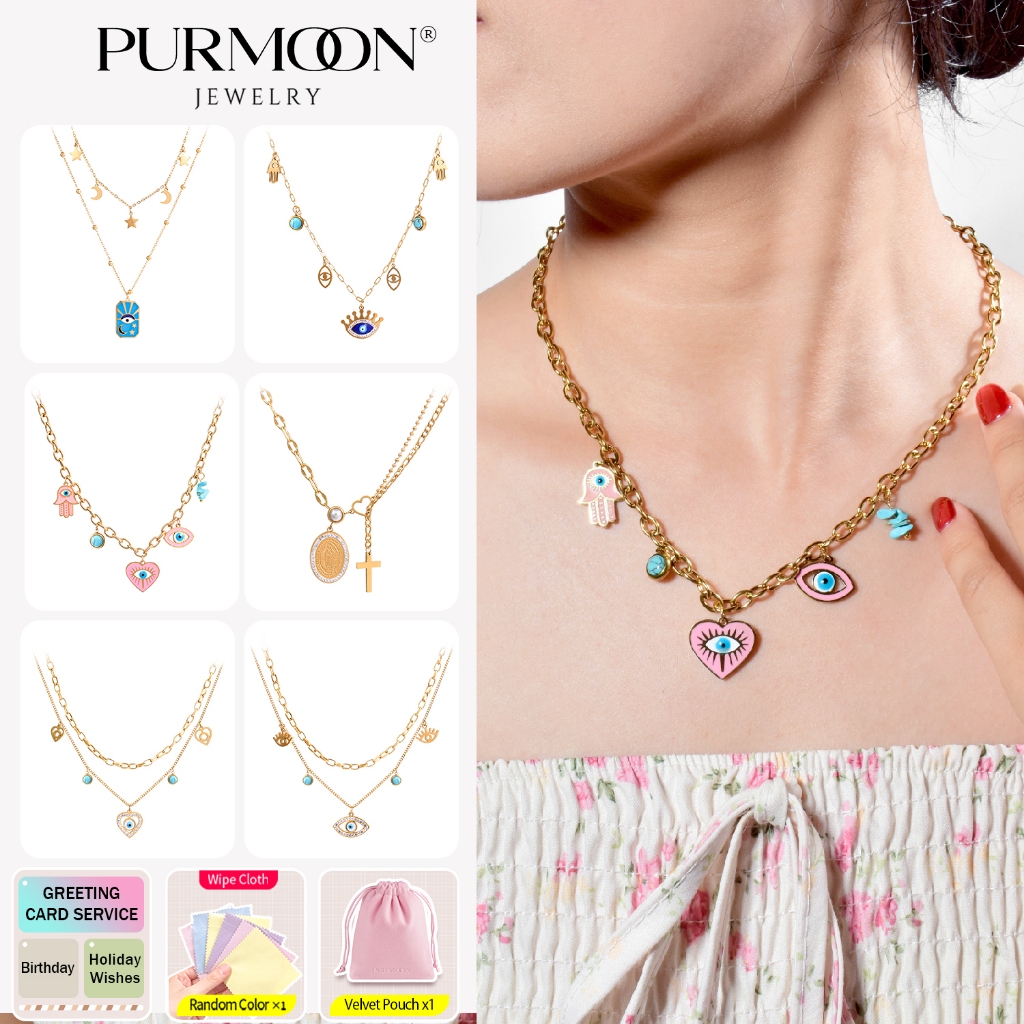 Purmoon Lucky Eye Multy-Layer Necklace Set - ชุดเครื่องประดับแฮนด์เมดพร้อมสร้อยคอและกำไล ของขวัญสำหรับผู้หญิงและคู่รัก N362 N363