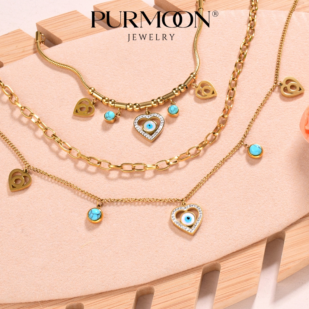 Purmoon Lucky Eye Multy-Layer Necklace Set - ชุดเครื่องประดับแฮนด์เมดพร้อมสร้อยคอและกำไล ของขวัญสำหรับผู้หญิงและคู่รัก N362 N363 - รูปที่ 4