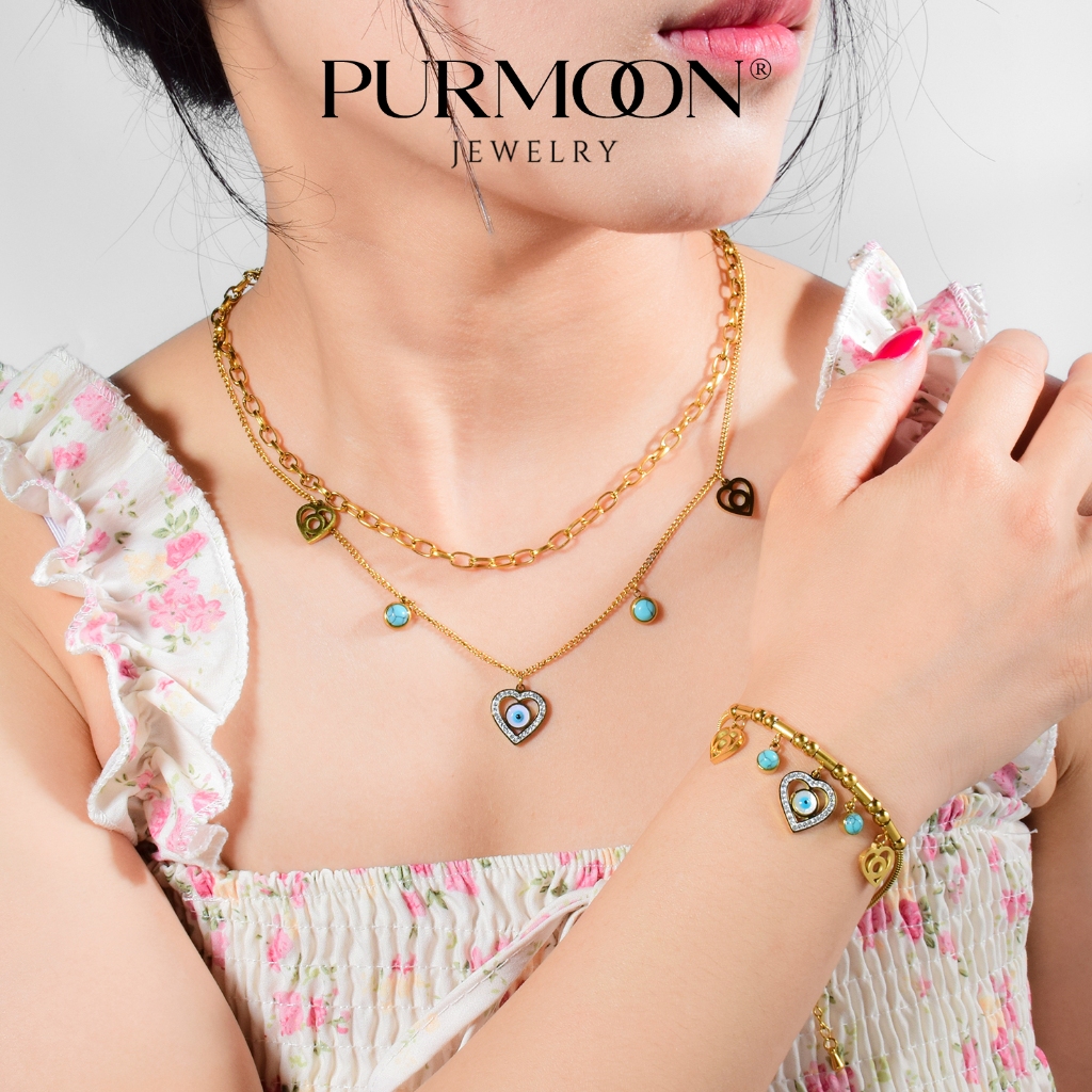 Purmoon Lucky Eye Multy-Layer Necklace Set - ชุดเครื่องประดับแฮนด์เมดพร้อมสร้อยคอและกำไล ของขวัญสำหรับผู้หญิงและคู่รัก N362 N363 - รูปที่ 2