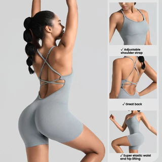 BLISS Verve บอดี้สูท Backless Cross Strap โยคะกีฬา Jumpsuit ผู้หญิงs โพลีเอสเตอร์ Spandex แขนกุดฟิตเนส Romper ชุดออกกําลังกายยืด