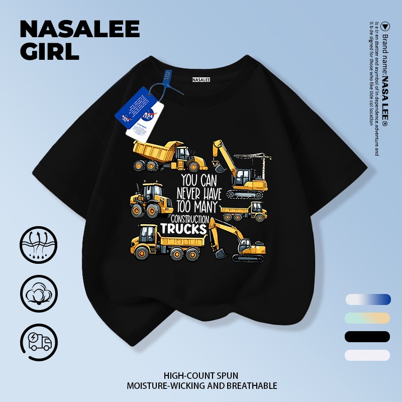 【มีในสต็อก】เสื้อยืดเด็ก NASA สีดำ ผ้าฝ้าย 100% ลายรถแบ็กโฮสุดเท่ แบบใหม่ปี 2025 ใส่ได้ทั้งเด็กชาย-หญิง ฟิตหลวมสไตล์สตรีท