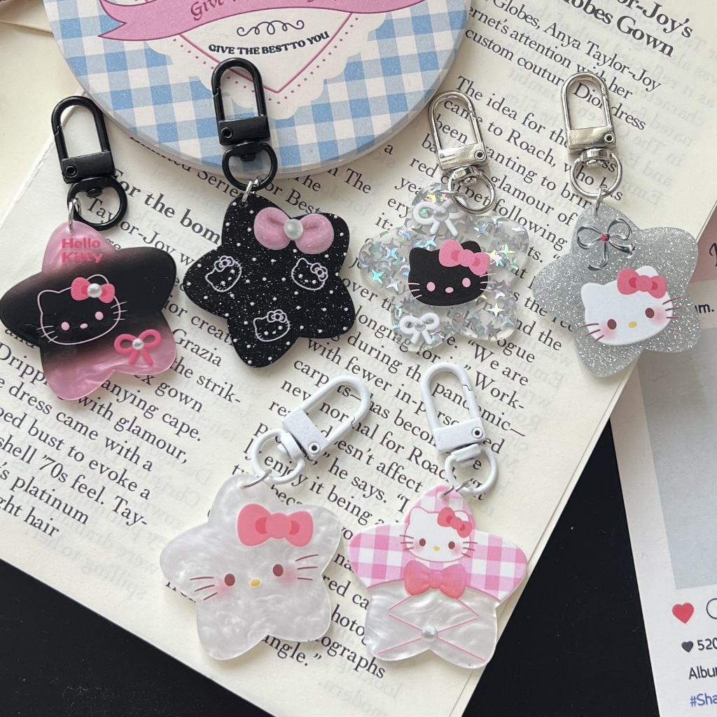 Sweet Cool KT Cat Pentagram พวงกุญแจ Ins อเนกประสงค์ y2k สาวหัวใจสีชมพูกระเป๋าเป้สะพายหลังจี้ของขวัญคู่