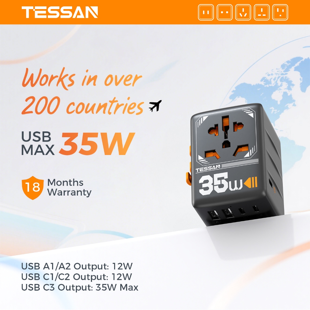 TESSAN 35W/65W/100W Universal Travel Adapter อะแดปเตอร์ชาร์จเร็วทั่วโลกพร้อม USB + Type C Plug
