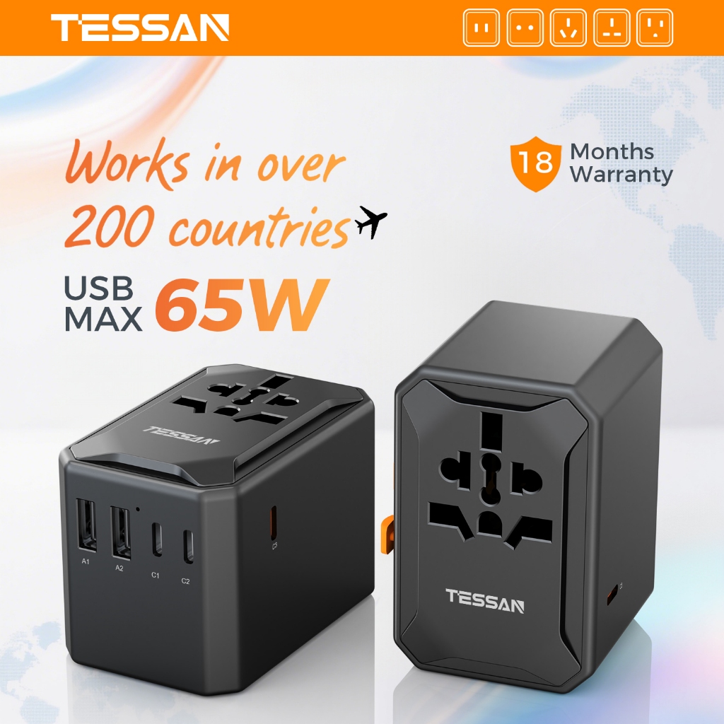 TESSAN อะแดปเตอร์แปลงไฟสากลพร้อมพอร์ต 2USB A+3Type C,GaN 65W Universal Travel Adapter ปลั๊กไฟทั่วโลก