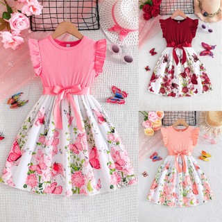 [Manila Stock Fast Ship] Kids Girls Dress 5-11 Years Old Butterfly Floral Print Short Sleeve Burgundy Pink for Christmas Birthday Party School Event Church Outfit with Detachable Bow Belt