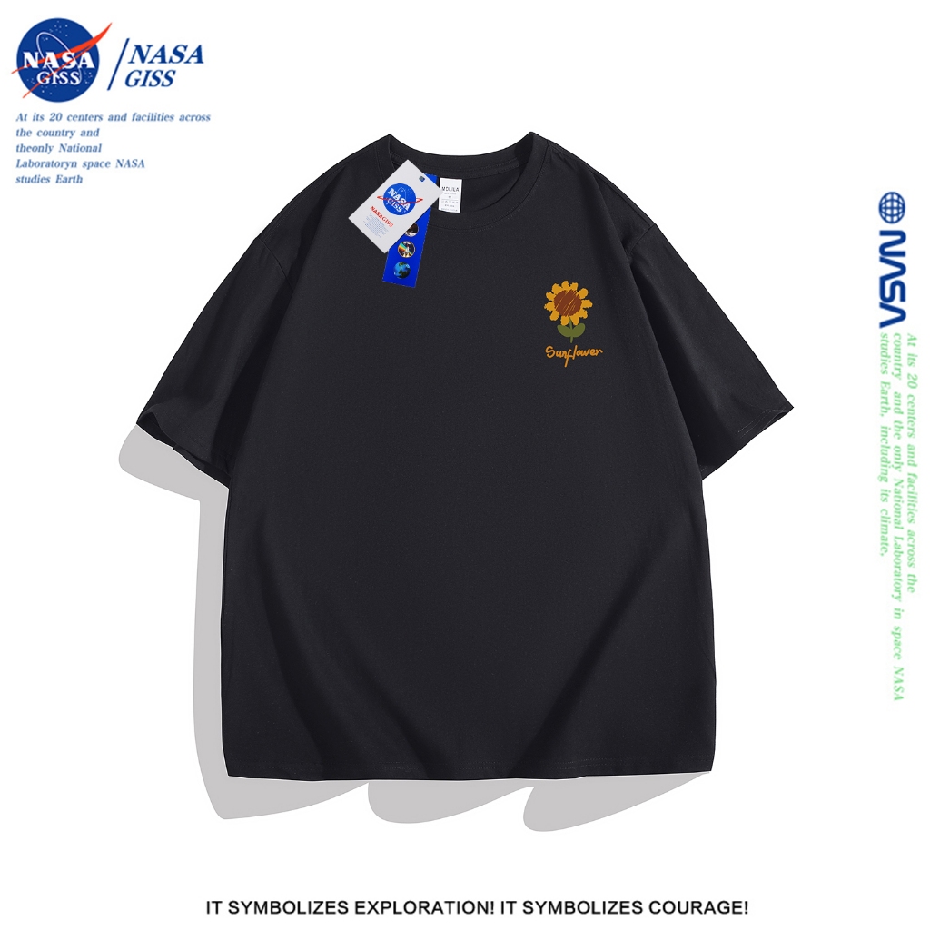 NASA เสื้อยืดชายหญิงแขนสั้น สตรีทฮิปฮอป summer Chrysanthemum/Sun พิมพ์ลาย คอตตอน คอกลม หลวมและระบายอากาศ
