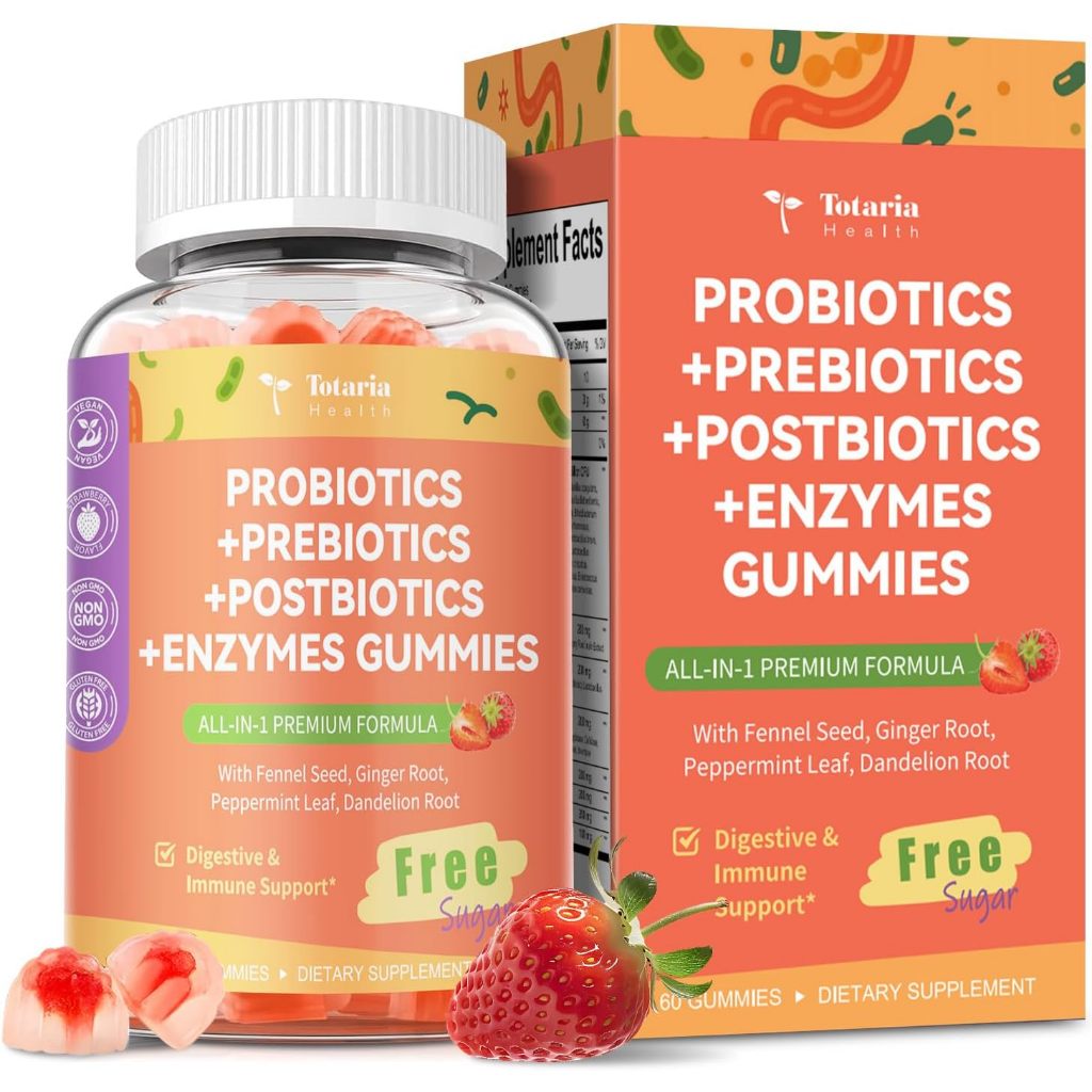 Totaria Sugar Free 5-in-1 Probiotic Prebiotic Postbiotic Gummy, Probiotics for Women Men with Digestive Enzymes, Peppermint, Complete Immune, Gut & Digestive Support