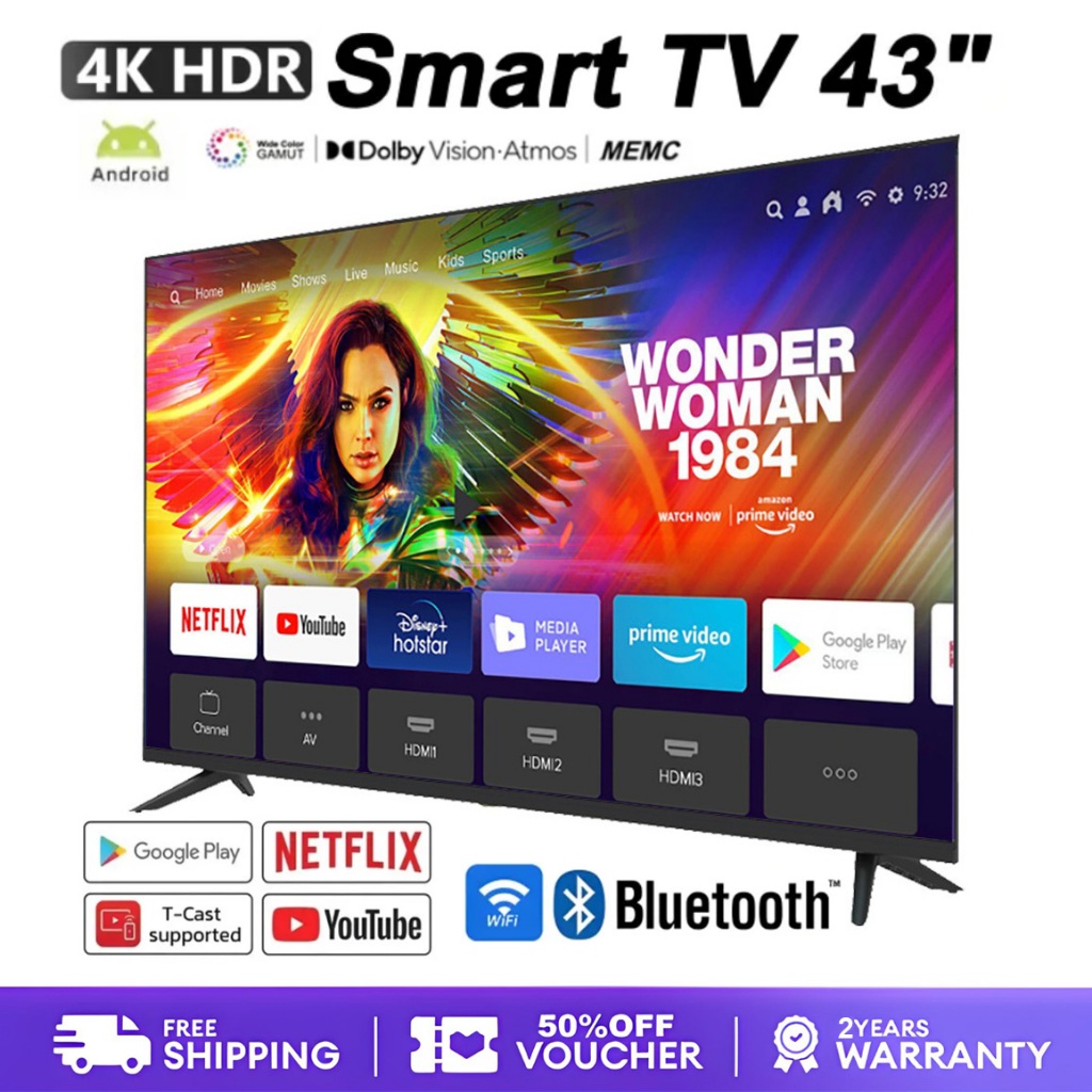 43 นิ้ว Smart TV 32 นิ้วสมาร์ททีวี 4K HDR Android 14.0 Android ทีวีจอแบน Google Netflix Youtube WiFi