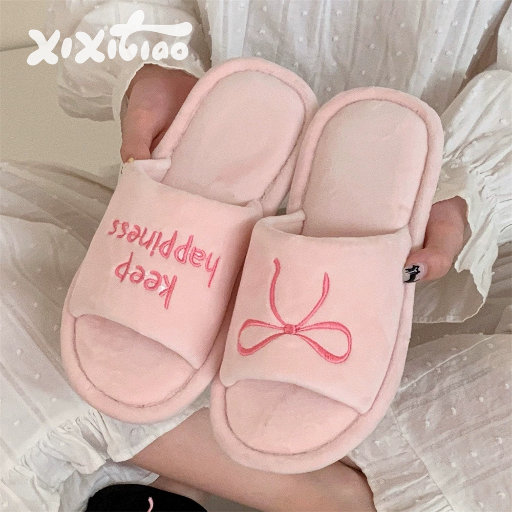 Xitiao Flat-Soled Ladies High-End Floor Shoes Creative English Letter รองเท้าแตะผ้าฝ้าย