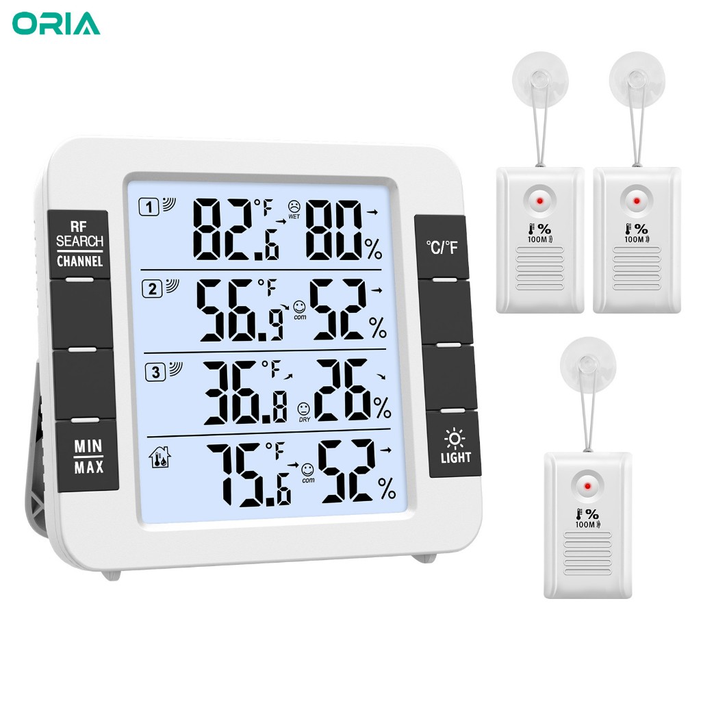 ORIA เครื่องวัดอุณหภูมิดิจิตอลเครื่องวัดความชื้นในร่ม/กลางแจ้งเครื่องวัดความชื้นอุณหภูมิพร้อมเซ็นเซอร์ไร้สาย 3 ชิ้นสําหรับ Home – โปรปัง