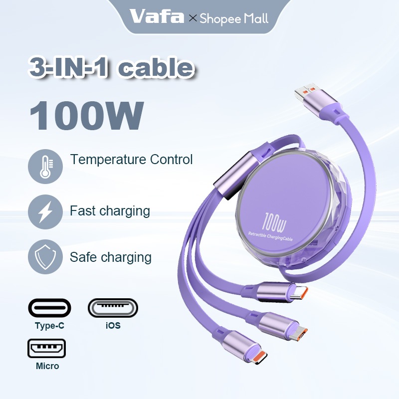 สายชาร์จเร็ว 100W 3-in-1 Fast Charging Data Cable แบบ USB to Micro USB+ for Li+Type C