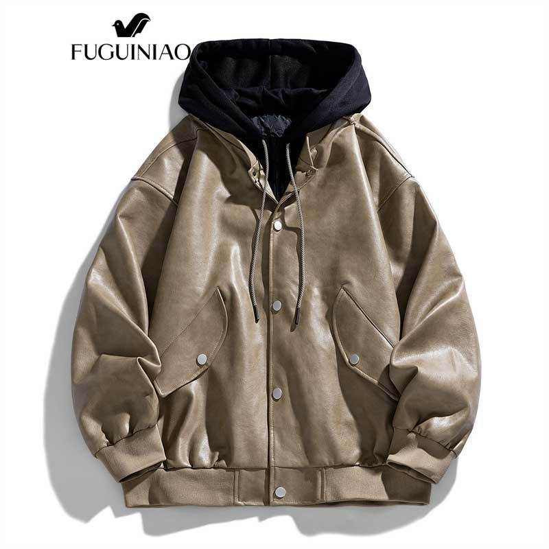 Fuguiniao แจ็คเก็ตหนังมีฮู้ดอินเทรนด์ของผู้ชายสองคนปลอมฤดูใบไม้ผลิและฤดูใบไม้ร่วงใหม่ที่ใช้งานได้