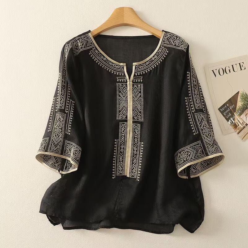 เสื้อย้อนยุคแขน 3/4 สำหรับผู้หญิง ทำจากผ้าฝ้ายคุณภาพ ไซซ์พลัส