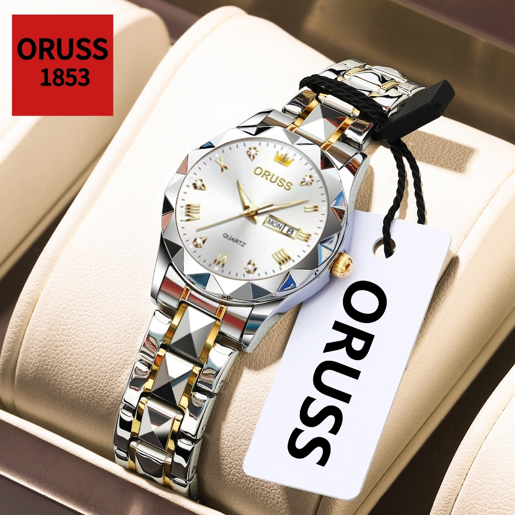 ORUSS รัส ต้นฉบับหญิงหรูหราสแตนเลสกันน้ําส่องสว่างปฏิทินคู่สีขาวนาฬิกาขนาดเล็กแฟชั่นธุรกิจเกาหลีรุ่นควอตซ์นาฬิกาข้อมือ