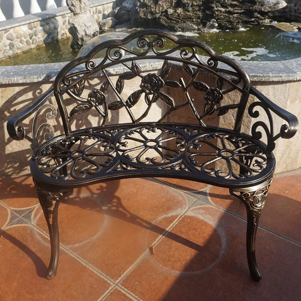 Patio Garden Bench โลหะ Park Bench หล่ออลูมิเนียมเฟอร์นิเจอร์กลางแจ้งดอกไม้ Rose สําหรับ Patio, Park,Lawn,Yard