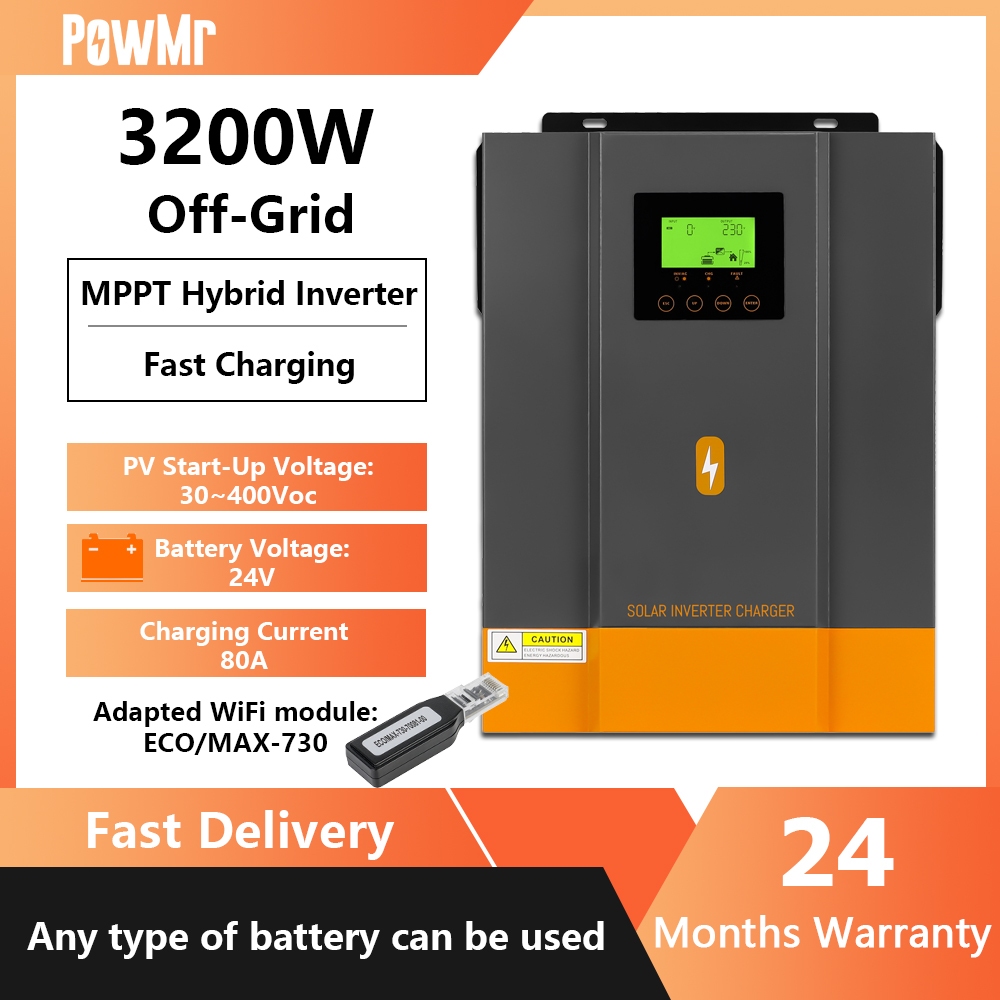 Powmr อัพเกรด MPPT 3.2KW Pure Sine Wave Off Grid Solar Hybrid อินเวอร์เตอร์ 230Vac PV เริ่มต้นแรงดันไฟฟ้า 30Voc ในตัว 80A Solar Controller 50/60Hz รองรับอัตโนมัติ 24V Lifepo4 แบตเตอรี่