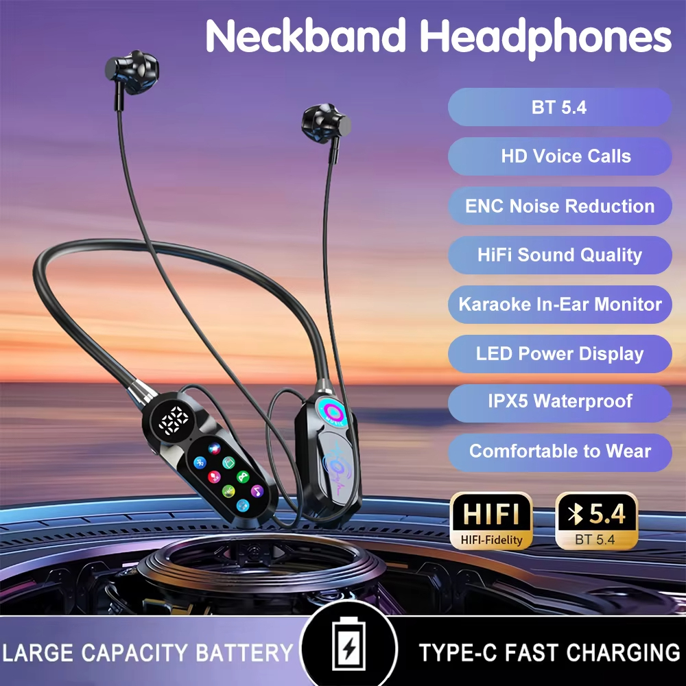 ไร้สายบลูทูธ5.4หูฟังกับ AI Voice Assistant,HiFi หูฟังแบบคล้องคอ IPX5 กันน้ําหน้าจอ HD โทรลดเสียงรบกว
