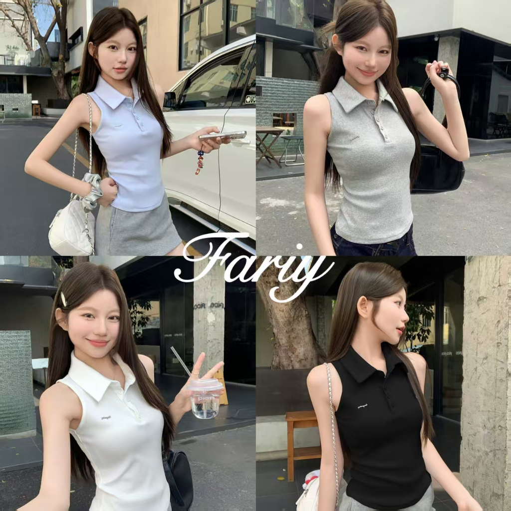 Fariy🍒คลังสินค้าพร้อม🍒 เสื้อกล้ามคอวีสไตล์ย้อนยุคแบบอเมริกันสำหรับผู้หญิง ปี 2025 เสื้อกล้ามแขนกุดเพียวเพียวสีฟ้าใหม่สำหรับผู้หญิงในช่วงฤดูร้อน