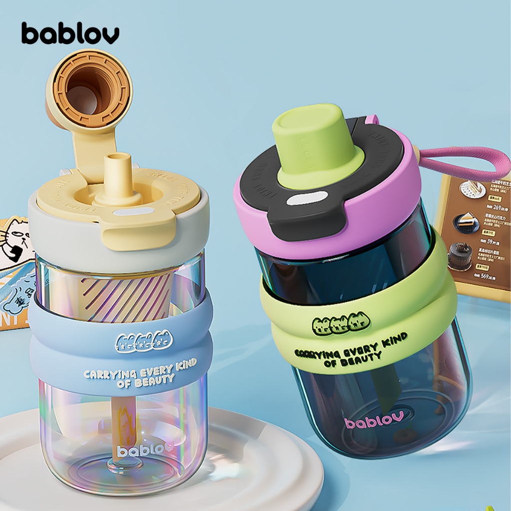 Bablov แก้วโบโรซิลิเกต - 500ml แก้วกันรั่วพร้อมสายสะพายและฝา 3 แบบ