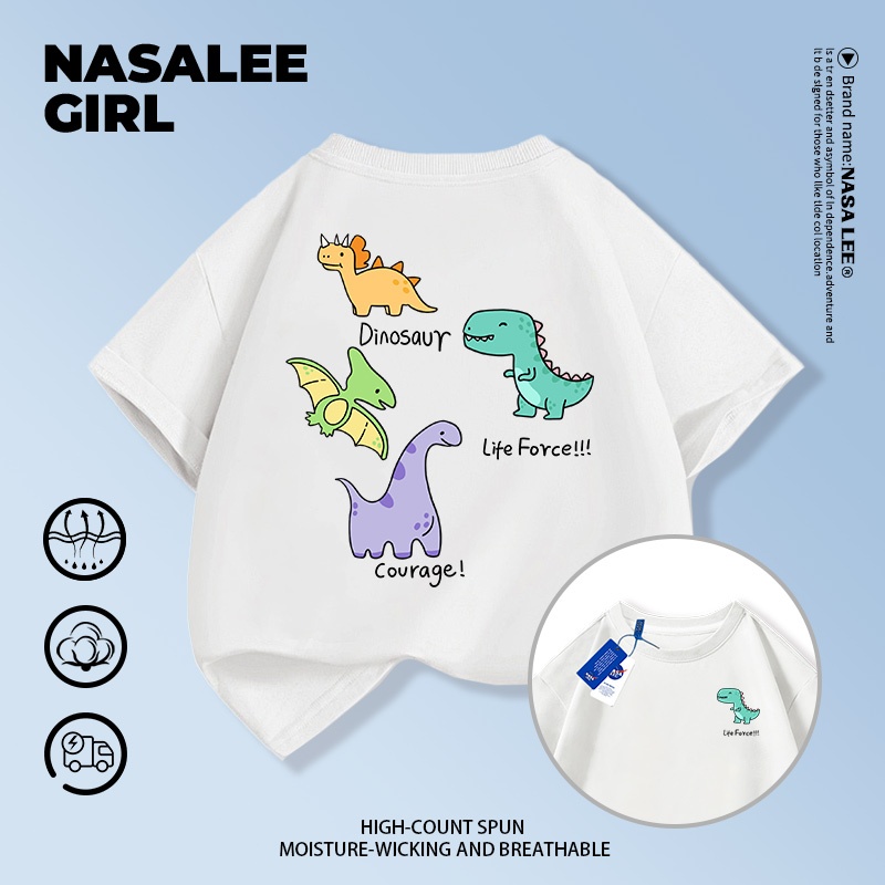 【ส่งวันนี้! ถึงใน 2 วัน】เสื้อยืดเด็ก NASA สีดำ ผ้าฝ้าย 100% นุ่มละมุนผิวเด็ก ลวดลายไดโนเสาร์น้อย แบบ Unisex ใส่สบาย นุ่มสบาย แขนสั้น