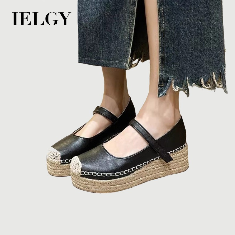 IELGY เงินแมรี่เจนรองเท้าผู้หญิงหนังใหม่ฟางแพลตฟอร์มลิ่มส้น