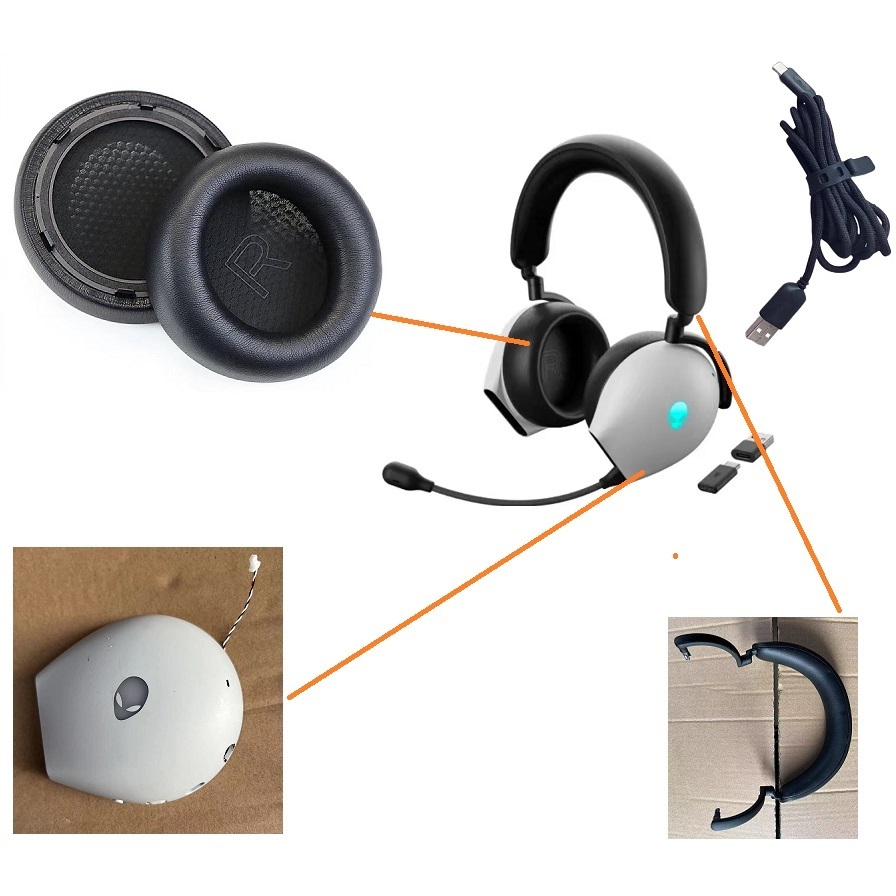 อะไหล่ทดแทนสําหรับ Alienware AW920H หูฟัง, แผ่นรองหูฟัง, ที่คาดผม, Cups Shell, ชิ้นส่วนซ่อมชุดหูฟังสายเคเบิลข้อมูลเครื่องชาร์จ