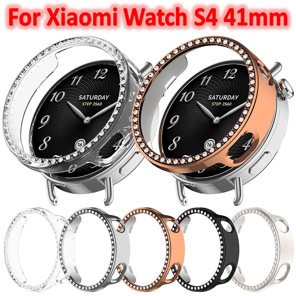 Bling แก้ว + สําหรับ Xiaomi นาฬิกา S4 41 มม.เพชร PC กรณีป้องกันหน้าจอสําหรับ Xiaomi นาฬิกา S4 41 มม.กันชน Smartwatch Accessorie