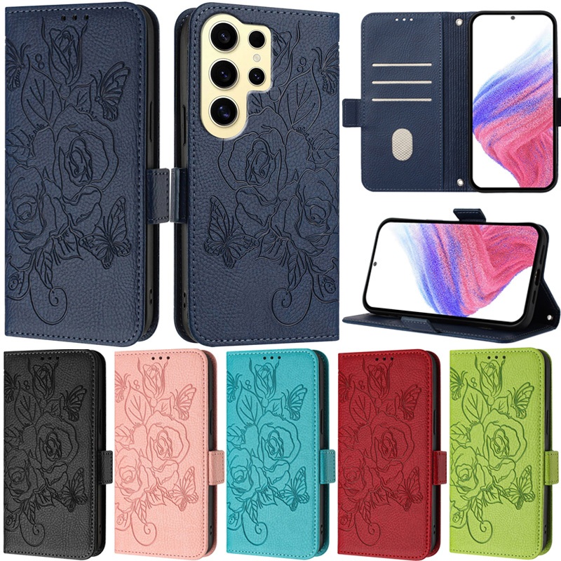 หรูหราสําหรับ Samsung Galaxy S25 Ultra S24 FE 5G S23 Ultra S25 FE S24 Ultra S25 Edge S22 Ultra S25 Plus S21 Ultra Matte Rose ดอกไม้กระเป๋าสตางค์หนังฝาครอบกรณี