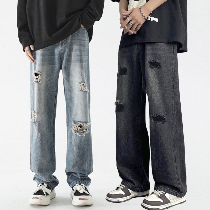 Mabay ยีนส์ขาด กางเกงยีนส์ผู้ชาย ทรงตรง คุณภาพสูง สไตล์วินเทจ High Street ทรงหลวม ใส่สบาย ใหม่ ฤดูร้อน ใส่ได้ทั้งชายและหญิง ไซส์ M-3XL สีฟ้า สีดำ