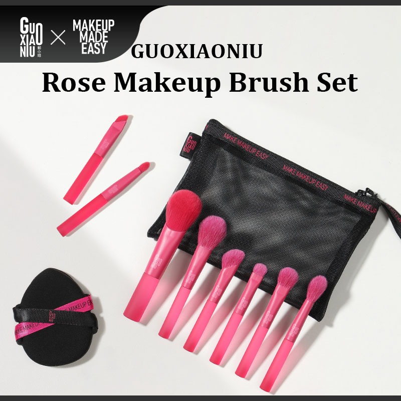 GUOXIAONIU 8PCS ชุดแปรงแต่งหน้า พร้อมสปองจ์แต่งหน้า สีชมพูแดง พกพาสะดวก ใช้สำหรับอายแชโดว์และคอนทัวร