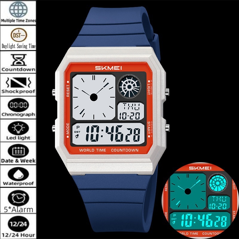 Skmei ทหาร Mens กีฬานาฬิกา Analog Digital Display Muitlple Time Zones กันน้ํา LED Chronograph 5 ชุดนาฬิกาปลุก