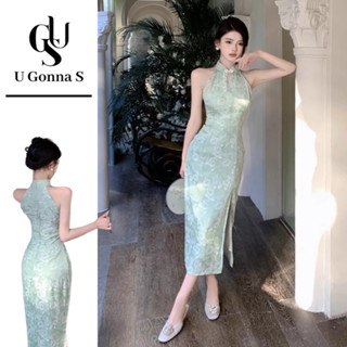 U Gonna S ผู้หญิงชุดยาว Cheongsam โมเดิร์นสีเขียว Plus ขนาดเ…