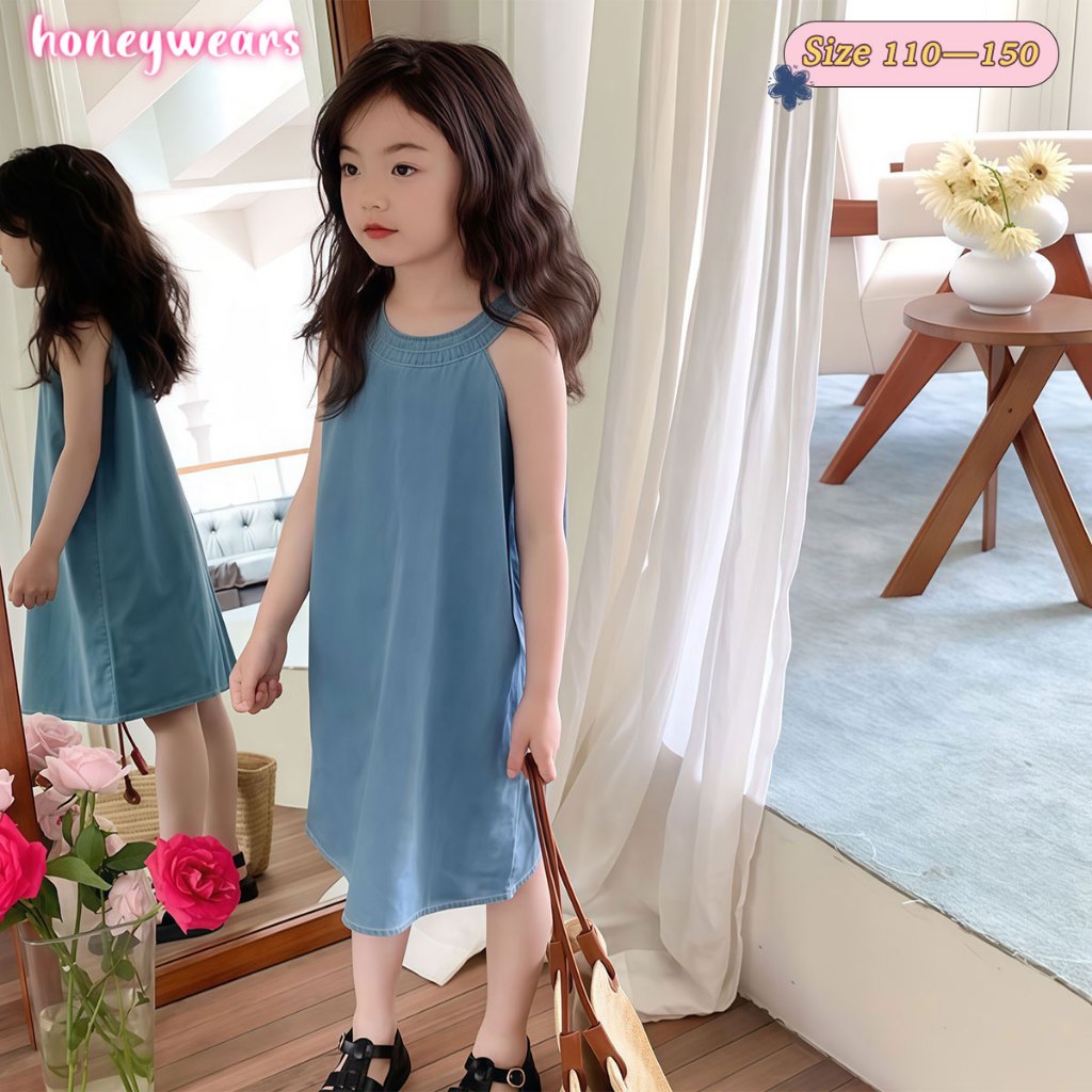 honeywears⚡️พร้อมส่ง⚡️กระโปรงเด็ก ชุดเดรสยีนส์สาวเกาหลีฤดูร้อน สีพื้น แฟชั่นลำลอง น่ารักกก แบบสวย ราคาถูก ไซส์ 110-150