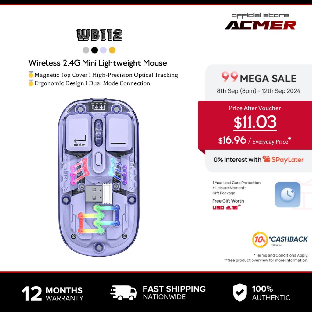 ACMER เมาส์เกมแบบไร้สาย Bluetooth หน้าจอโปร่งใส รองรับการเชื่อมต่อแบบ Dual-Mode (BT+2.4G) พร้อมฝาปิดด้านบนระบบแม่เหล็กชาร์จไฟได้ ไฟแบ็คไลท์ RGB สีปรับเปลี่ยนได้เหมาะสำหรับการเล่นเกม/ใช้งานกับเดสก์ท็อป/แล็ปท็อป/แท็บเล็ต