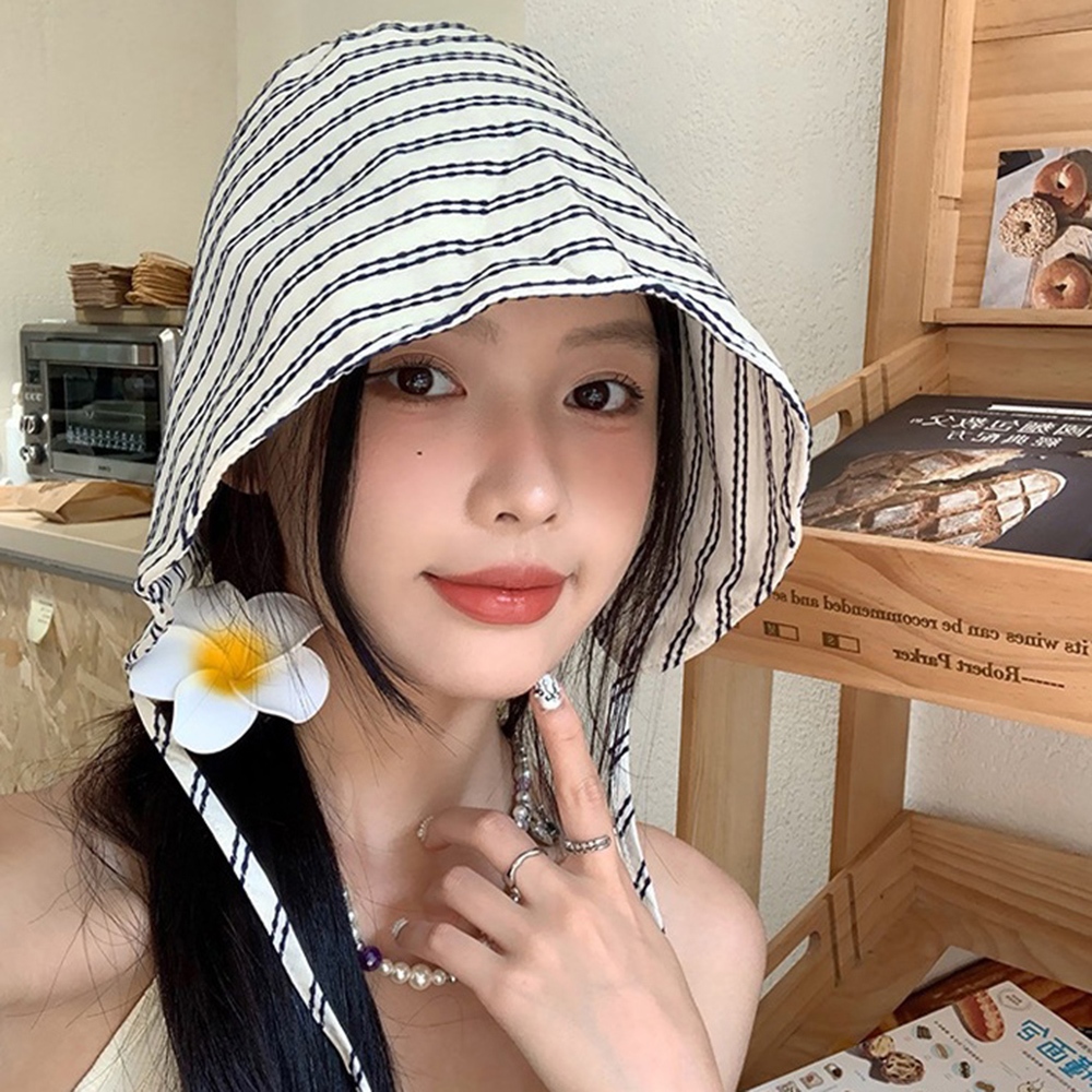 ขนาดใหญ่ Brim Outdoor Travel Sun Protection หมวกลายหมวกชาวประมง Stripe Face Slimming Lace-up Bucket Casual DIY ฝาครอบ Breathable อ่างล้างหน้าสไตล์ฝรั่งเศส
