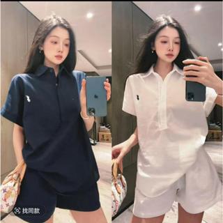 ผ้าฝ้ายลินินโปโลด้านบน + กางเกงขาสั้นผู้หญิงชุดสไตล์เกาหลีหล…