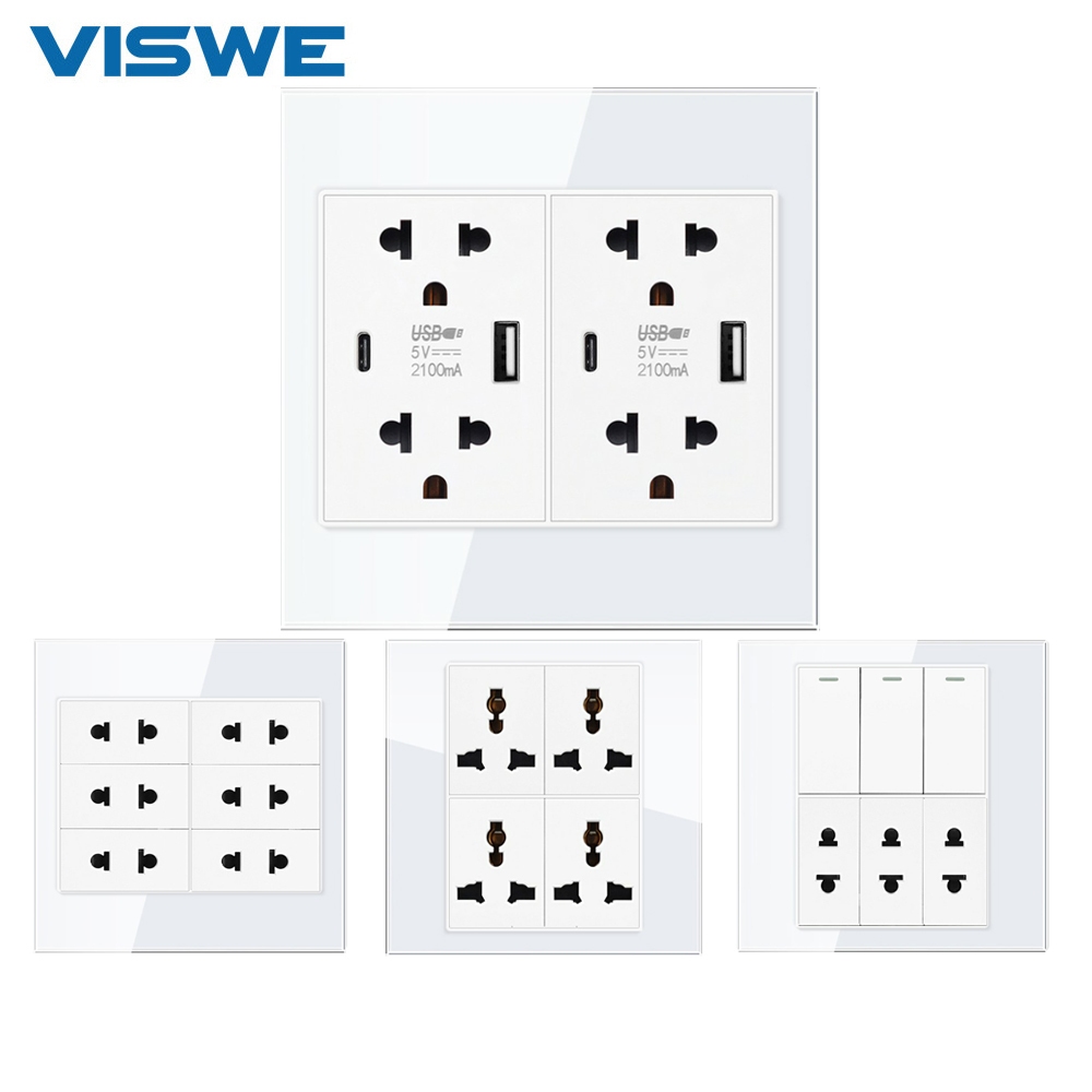 VISWE ซ็อกเก็ตสากลผนังและสวิตช์ไฟ ขนาด 120*120 มม. สีขาว กระจกนิรภัย ซีรีย์ K6C