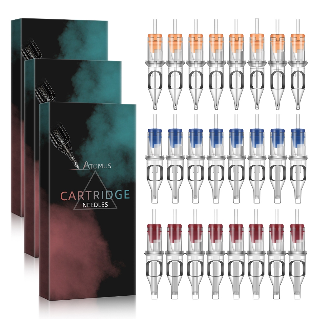 ATOMUS 50pcs ตลับหมึกเข็มสักเข็ม 5pcs 1005RS 7RS 9RS 7M1 9M1 11M1 7RM 9RM 11RM 15RM เข็มสักสําหรับ T