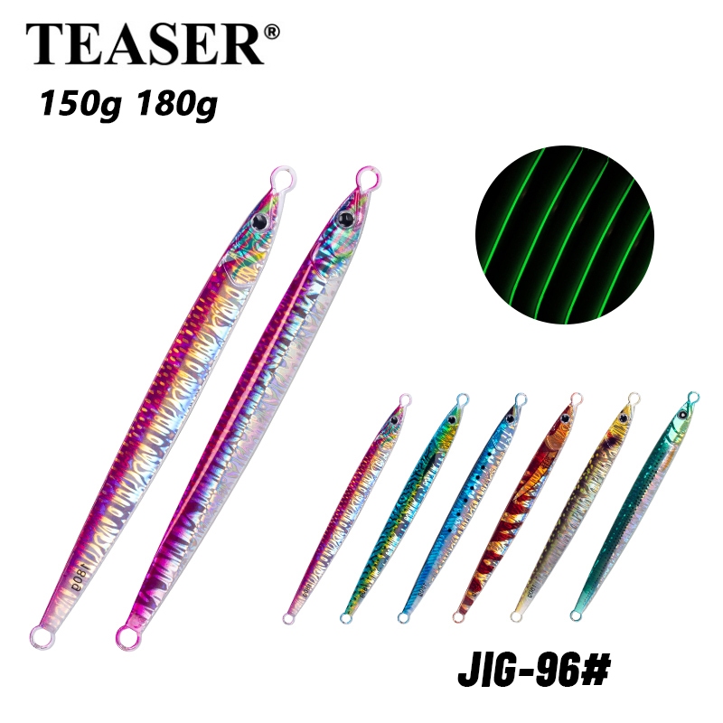 TEASER 【J96】 150 กรัม 180 กรัมการพิมพ์ 3D โลหะช้า Jigging Lure การตกปลาทะเล Lures เข็มสว่าง Jigging Lure น้ำเกลือจุ่มเหยื่อเทียมโดยไม่ต้องช่วยตะขอ