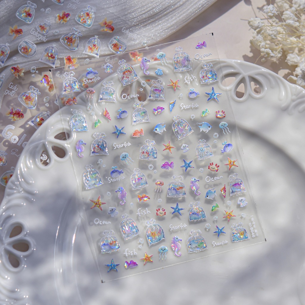 สติ๊กเกอร์ติดเล็บตกแต่งเล็บ 5D Jelly Ocean ขาย Cyprinoid Lucky Fish การ์ตูนน่ารัก NIBIRUDU