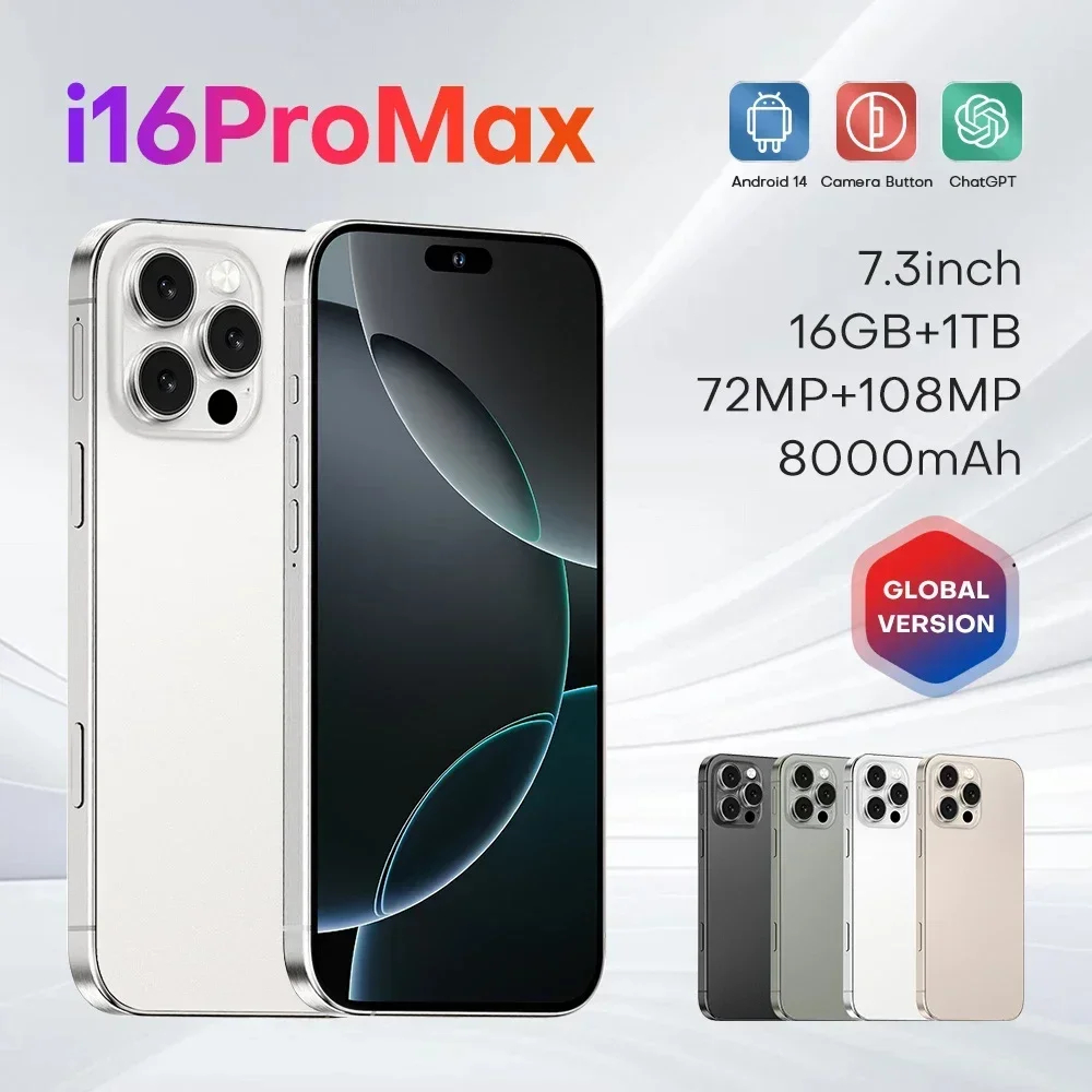 I16 Pro Max 16GB+1TB สมาร์ทโฟน Android โทรศัพท์ 6.8 HD