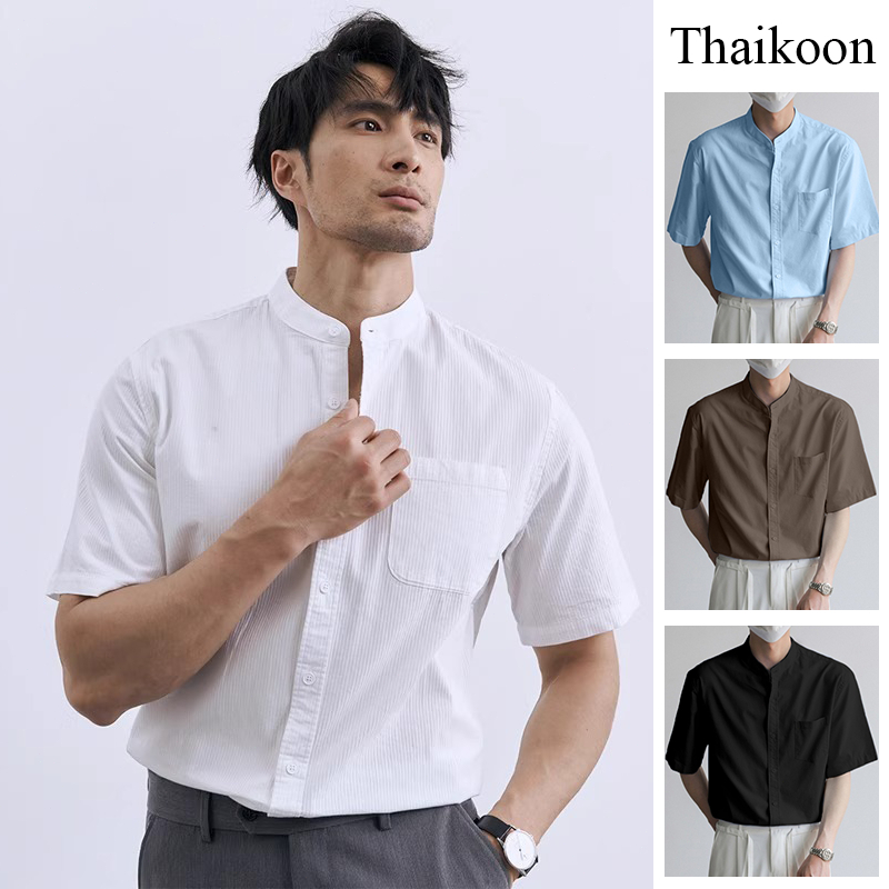 เสื้อเชิ้ตแขนสั้นสีทึบสไตล์เกาหลี แบบคอเฮนรี่ ตัดเข้ารูปเพรียวลม ช่วยสร้างลุคสมาร์ทแคชชวลสุดคลาสสิกได้อย่างง่ายดาย